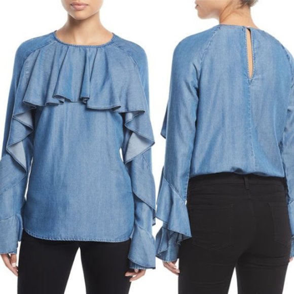 Veronica Beard Mia Ruffle Chambray Top - Picture 2 of 8